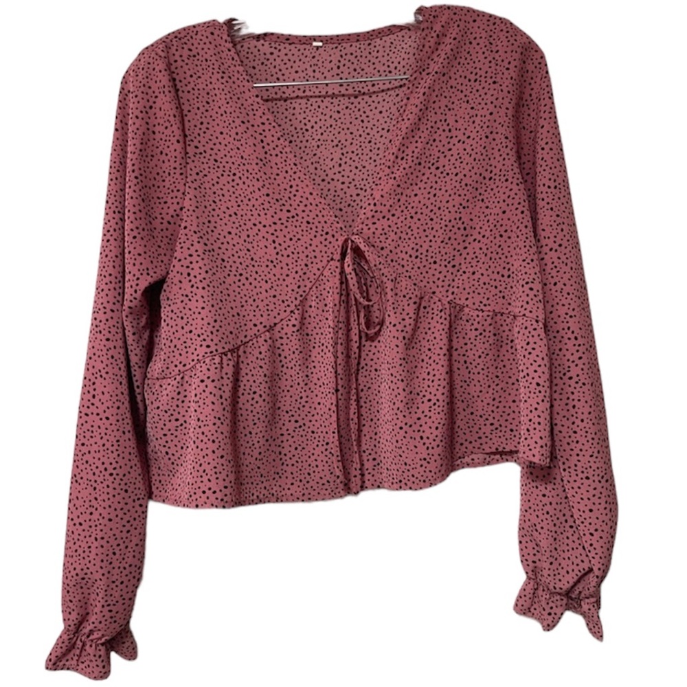 Shein Pink with Black print Crop Long Sleeve V-neck Shirt